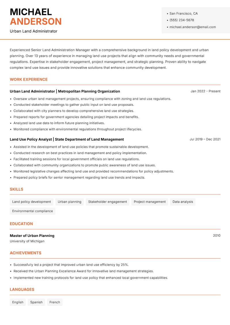 Senior Land Administration Manager resume sample — Urban Land Administrator focus
