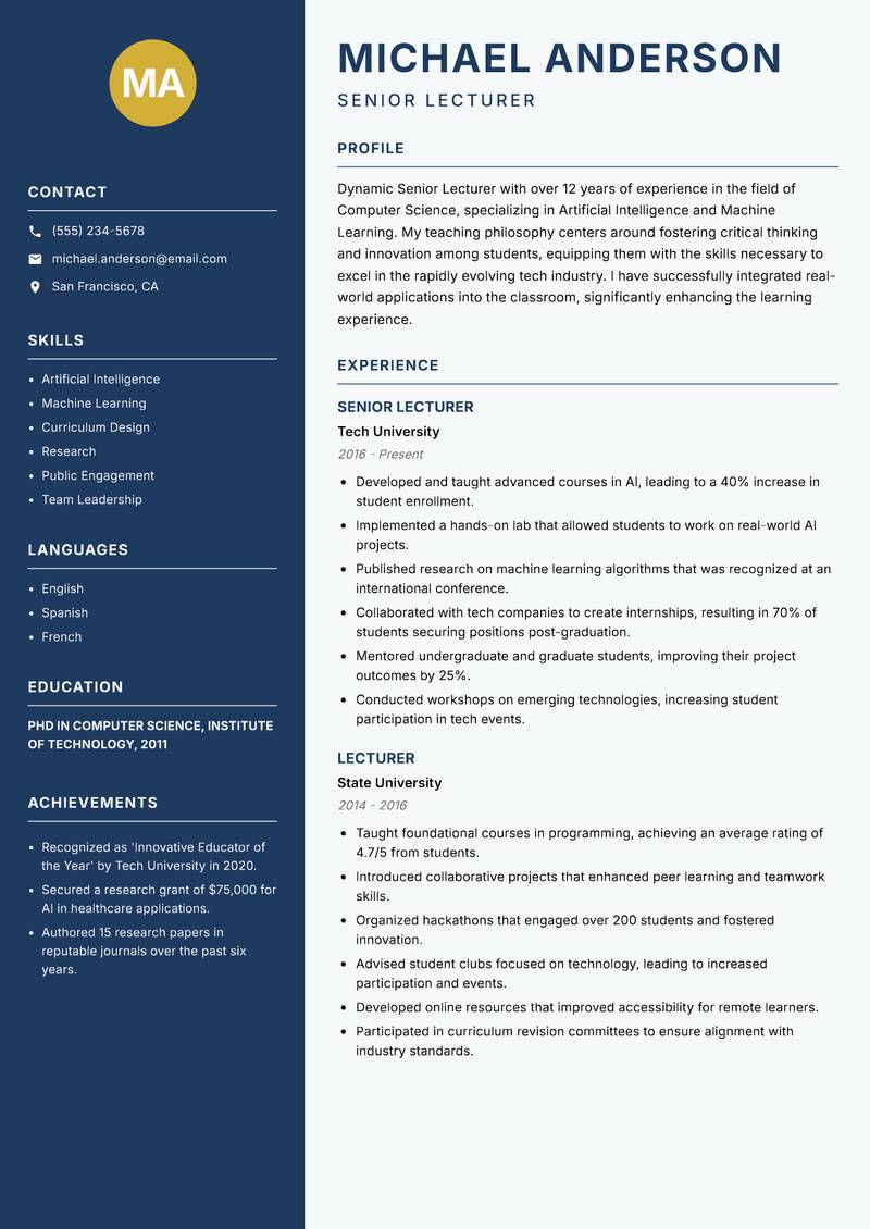 Senior Lecturer resume sample — Senior Lecturer focus