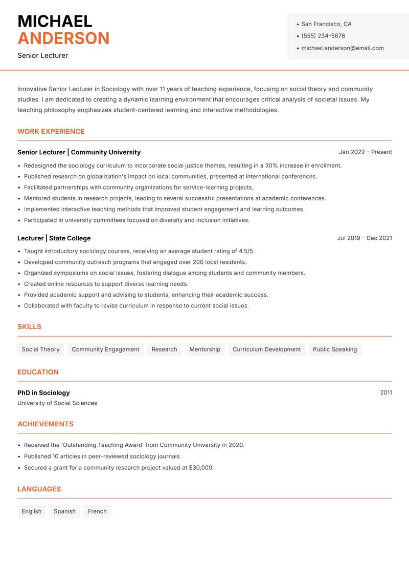 Senior Lecturer resume sample — Senior Lecturer focus