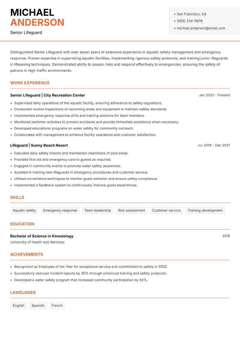 Senior Lifeguard resume sample — Senior Lifeguard focus