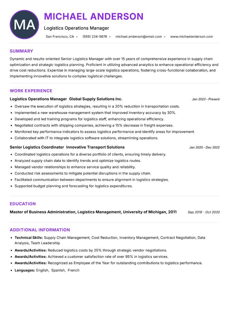 Senior Logistics Manager resume example