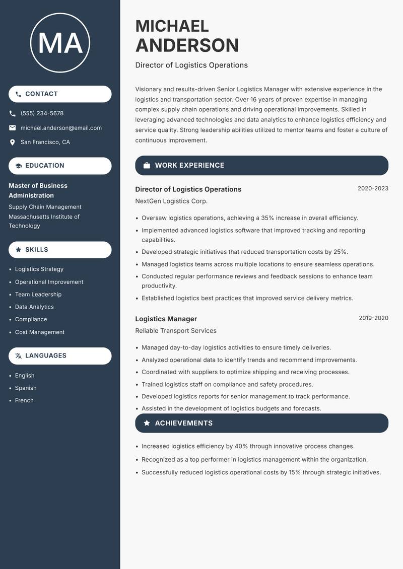 Senior Logistics Manager resume sample — Director of Logistics Operations focus
