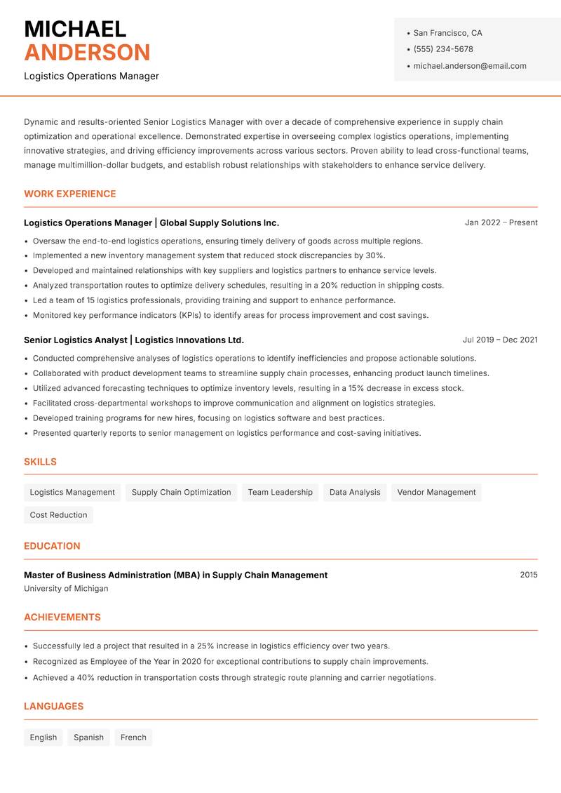 Senior Logistics Manager resume sample — Logistics Operations Manager focus