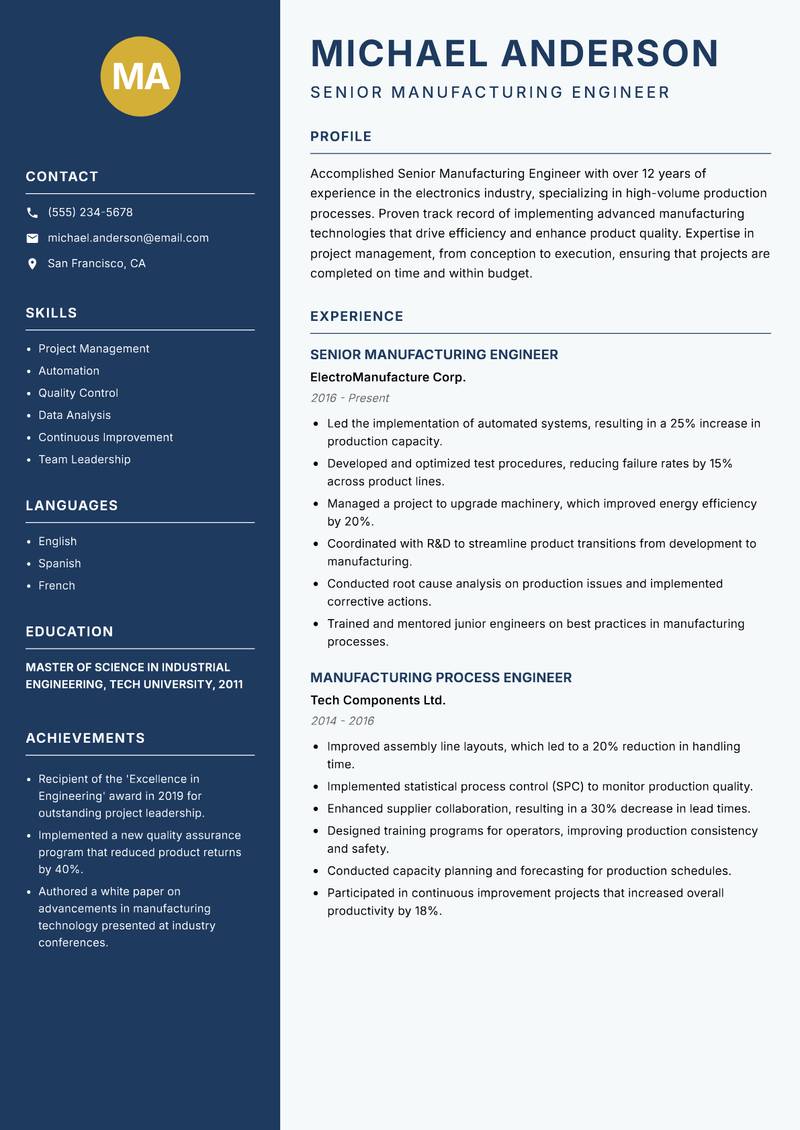 Senior Manufacturing Engineer resume sample — Senior Manufacturing Engineer focus
