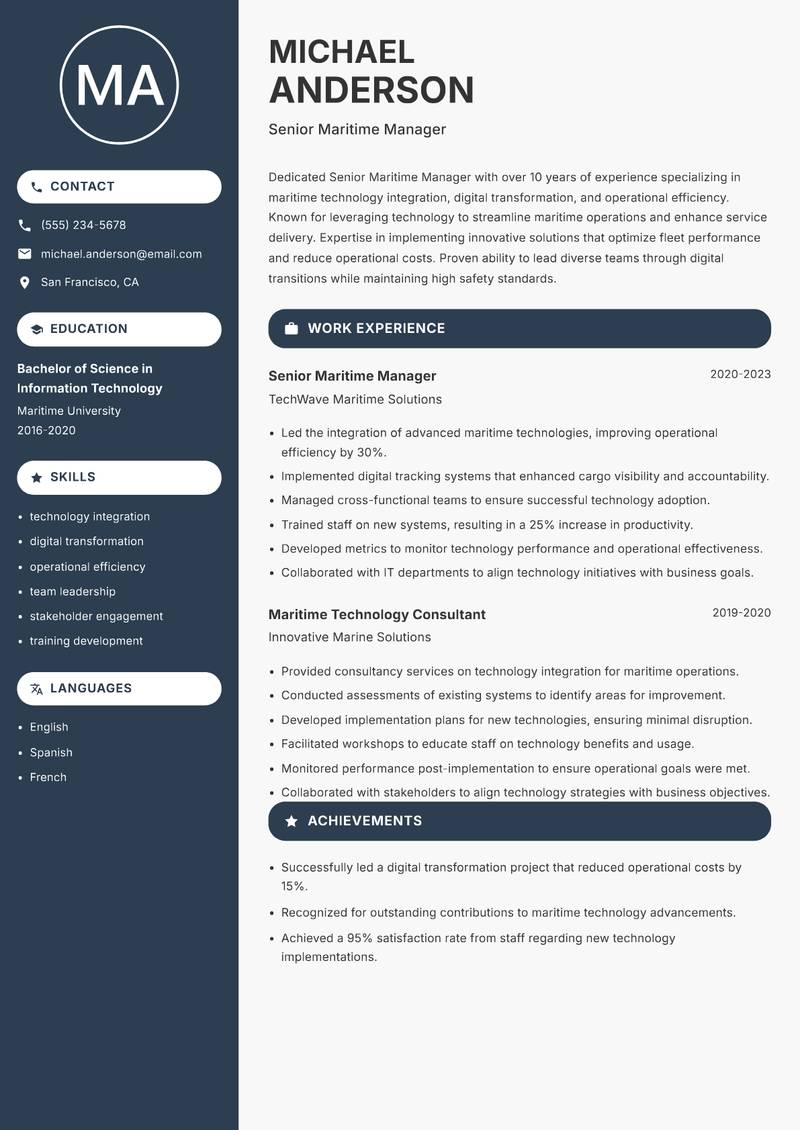 Senior Maritime Manager resume sample — Senior Maritime Manager focus