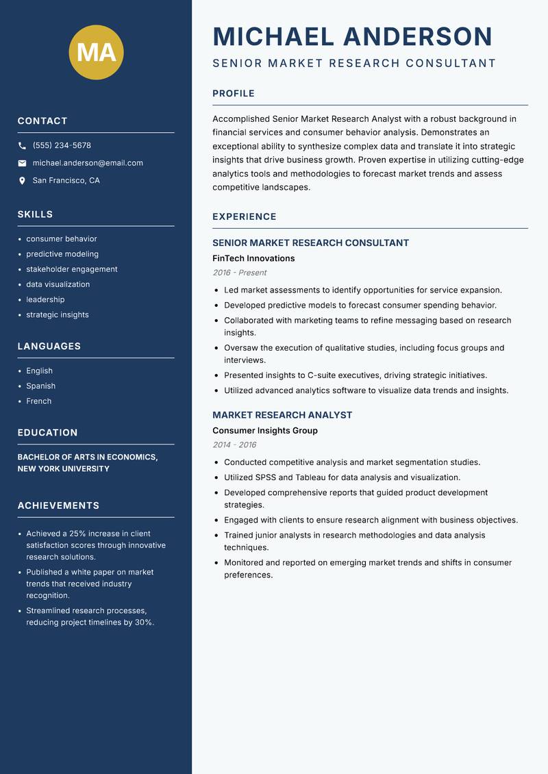 Senior Market Research Analyst resume sample — Senior Market Research Consultant focus