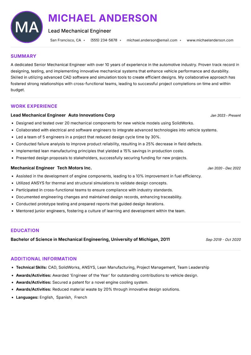 Senior Mechanical Engineer resume example