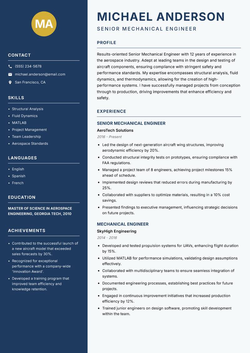 Senior Mechanical Engineer resume sample — Senior Mechanical Engineer focus
