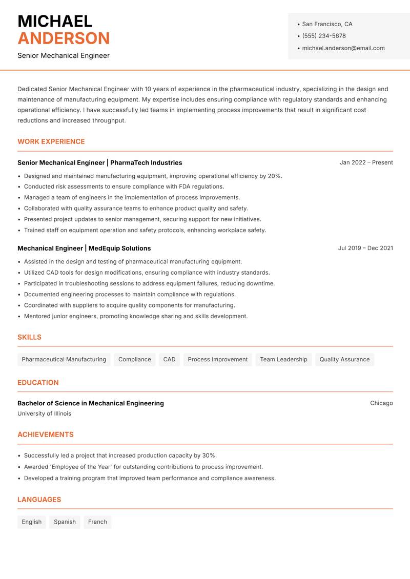 Senior Mechanical Engineer resume sample — Senior Mechanical Engineer focus