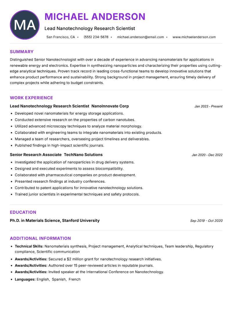 Senior Nanotechnologist resume example