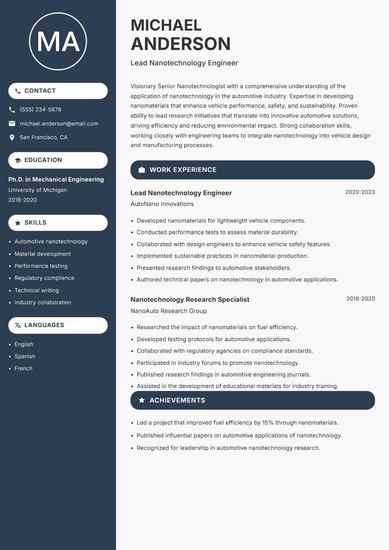 Senior Nanotechnologist resume sample — Lead Nanotechnology Engineer focus