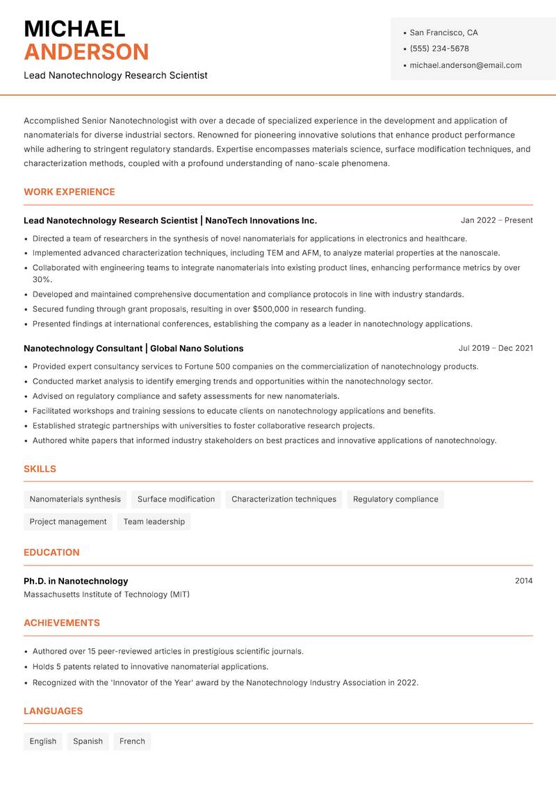 Senior Nanotechnologist resume sample — Lead Nanotechnology Research Scientist focus