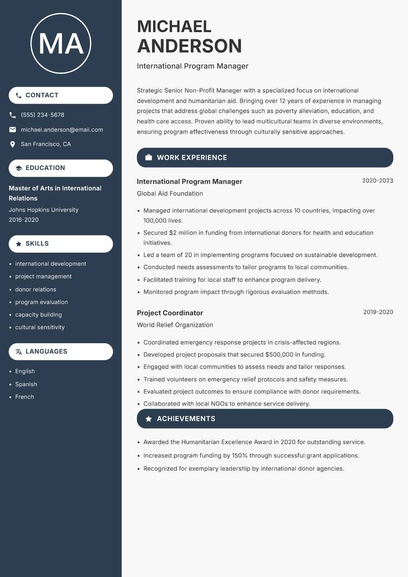 Senior Non-Profit Manager resume sample — International Program Manager focus