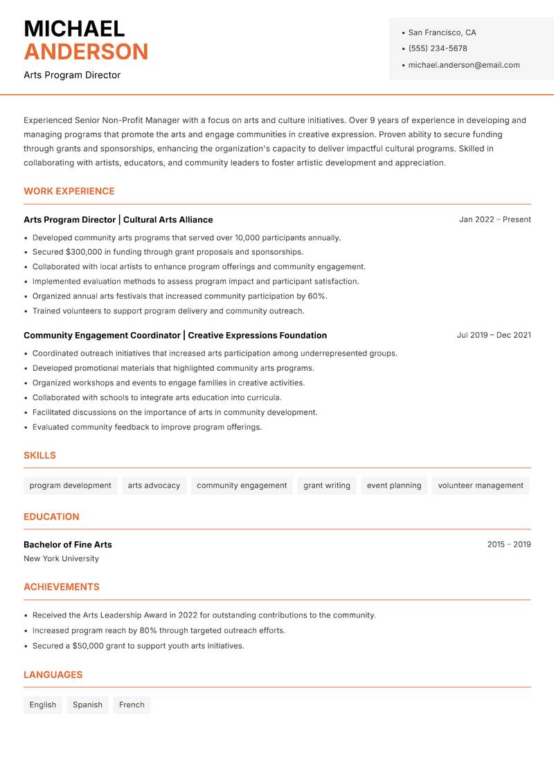 Senior Non-Profit Manager resume sample — Arts Program Director focus