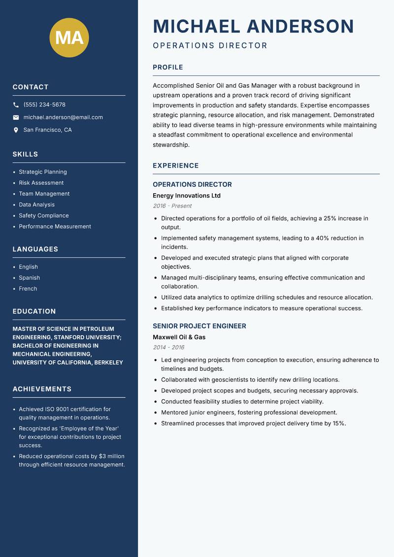 Senior Oil and Gas Manager resume sample — Operations Director focus