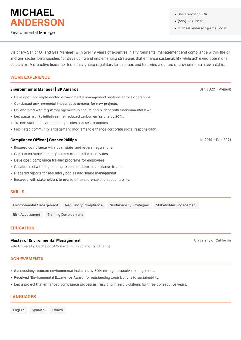 Senior Oil and Gas Manager resume sample — Environmental Manager focus