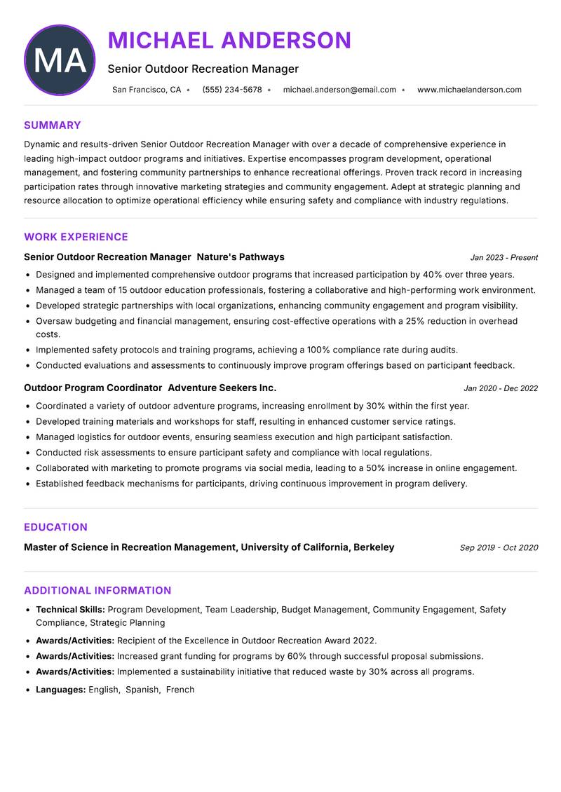 Senior Outdoor Recreation Manager resume example