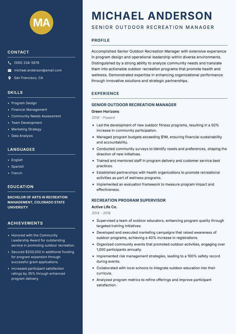 Senior Outdoor Recreation Manager resume sample — Senior Outdoor Recreation Manager focus