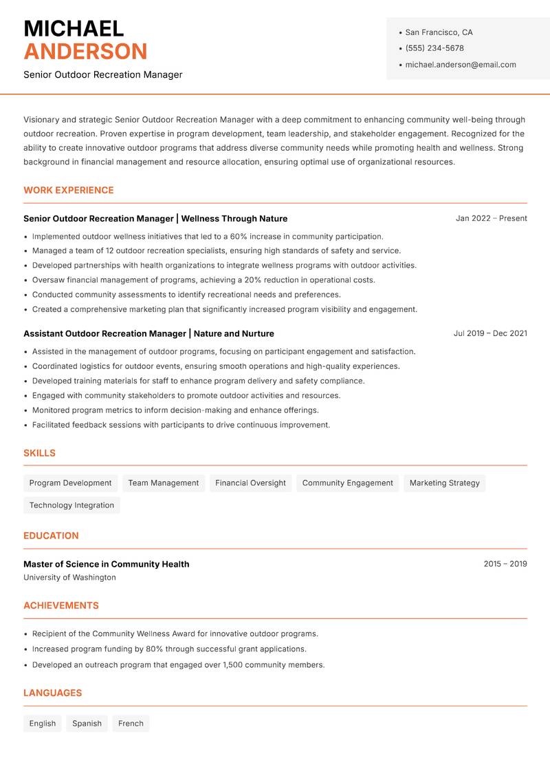 Senior Outdoor Recreation Manager resume sample — Senior Outdoor Recreation Manager focus