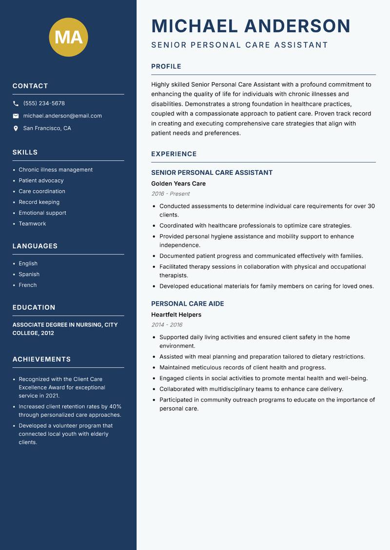 Senior Personal Care Assistant resume sample — Senior Personal Care Assistant focus