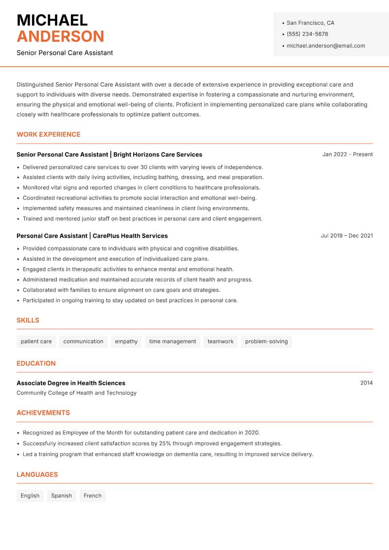 Senior Personal Care Assistant resume sample — Senior Personal Care Assistant focus