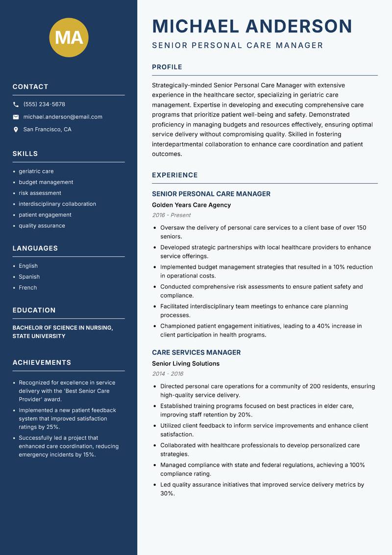 Senior Personal Care Manager resume sample — Senior Personal Care Manager focus