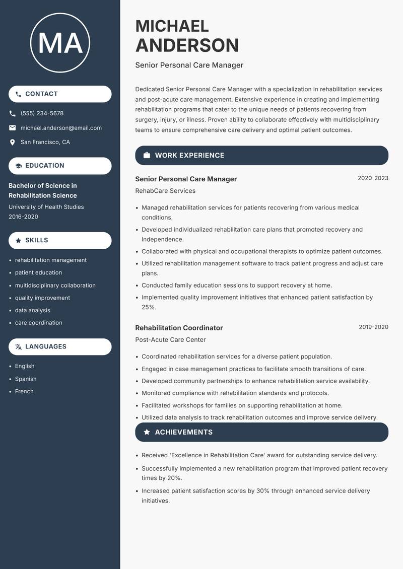 Senior Personal Care Manager resume sample — Senior Personal Care Manager focus