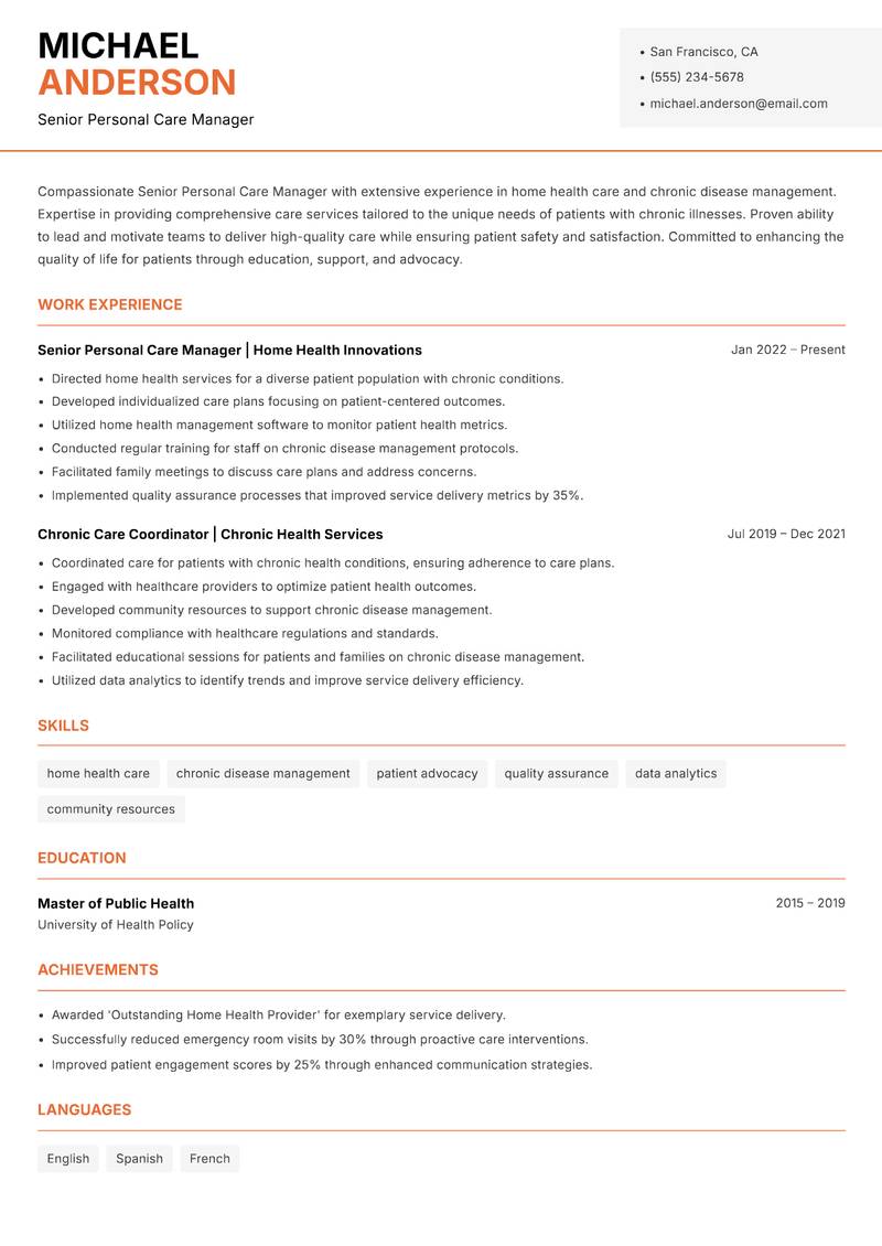 Senior Personal Care Manager resume sample — Senior Personal Care Manager focus