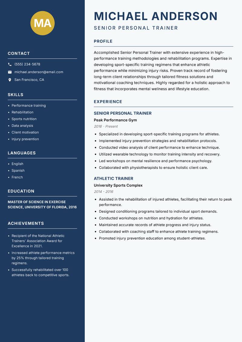 Senior Personal Trainer resume sample — Senior Personal Trainer focus