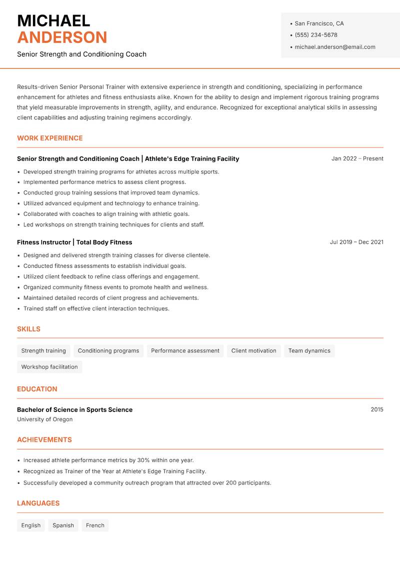 Senior Personal Trainer resume sample — Senior Strength and Conditioning Coach focus