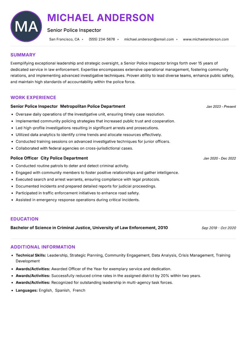 Senior Police Inspector resume example
