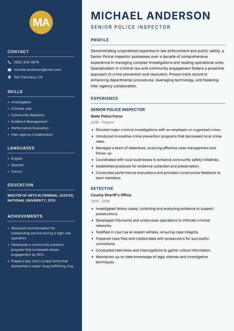 Senior Police Inspector resume sample — Senior Police Inspector focus