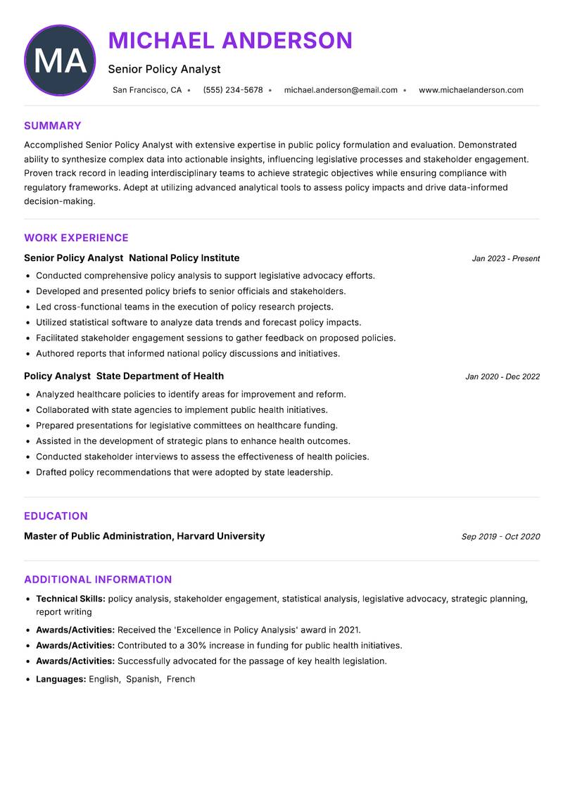 Senior Policy Analyst resume example