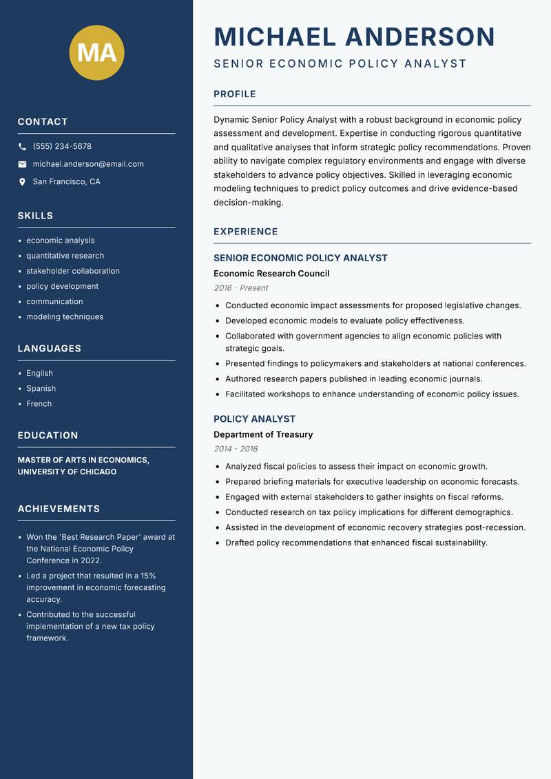 Senior Policy Analyst resume sample — Senior Economic Policy Analyst focus