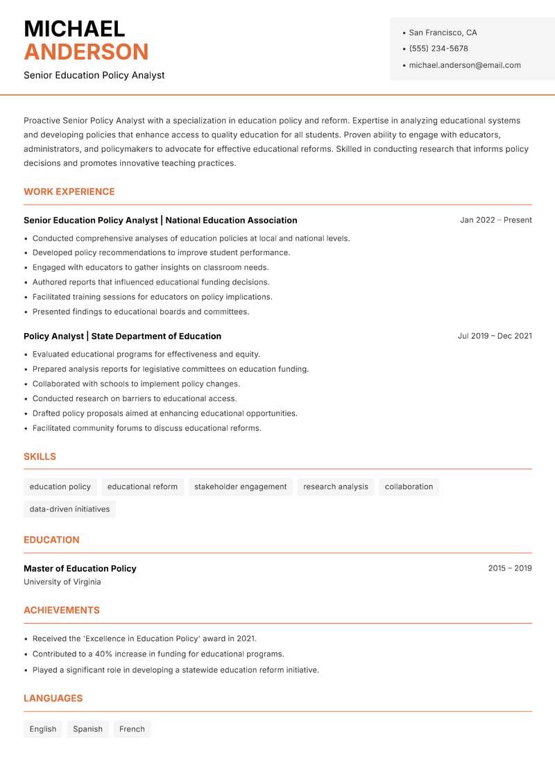 Senior Policy Analyst resume sample — Senior Education Policy Analyst focus