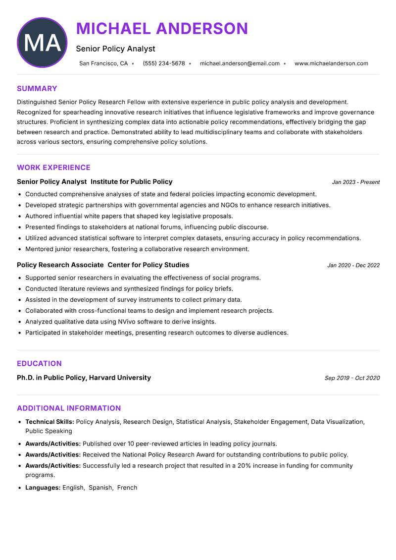 Senior Policy Research Fellow resume example
