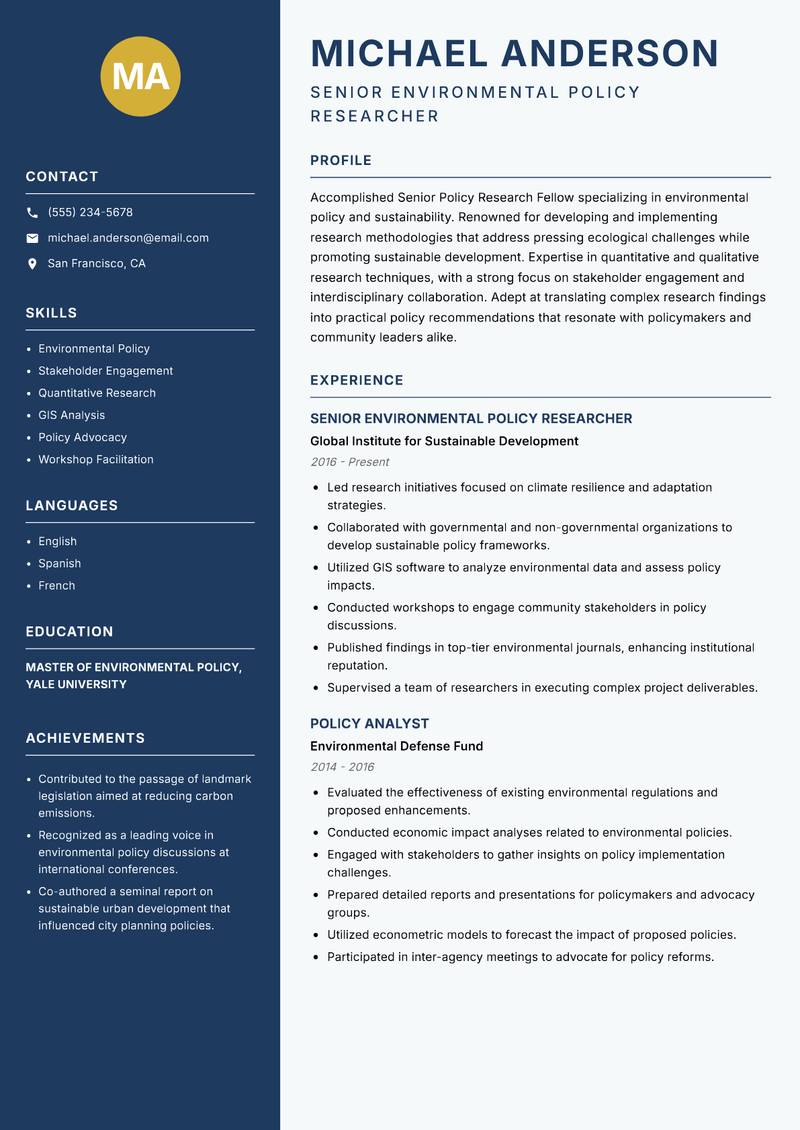 Senior Policy Research Fellow resume sample — Senior Environmental Policy Researcher focus