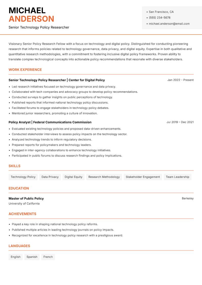 Senior Policy Research Fellow resume sample — Senior Technology Policy Researcher focus