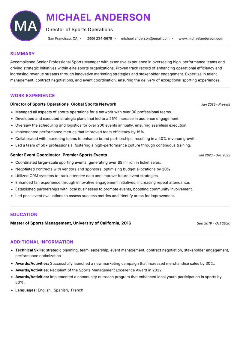 Senior Professional Sports Manager resume example