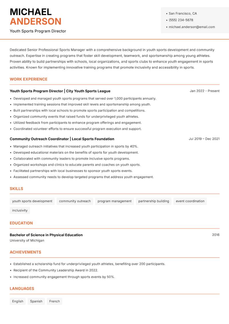 Senior Professional Sports Manager resume sample — Youth Sports Program Director focus