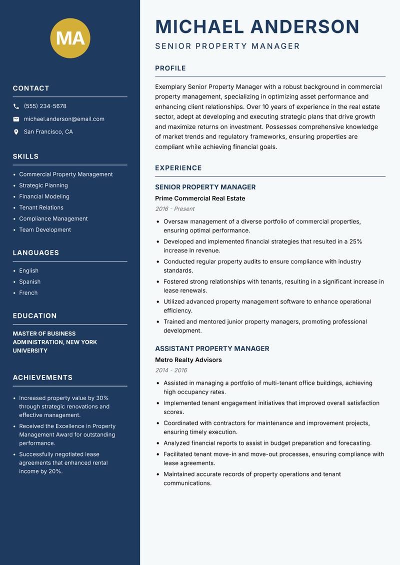 Senior Property Manager resume sample — Senior Property Manager focus