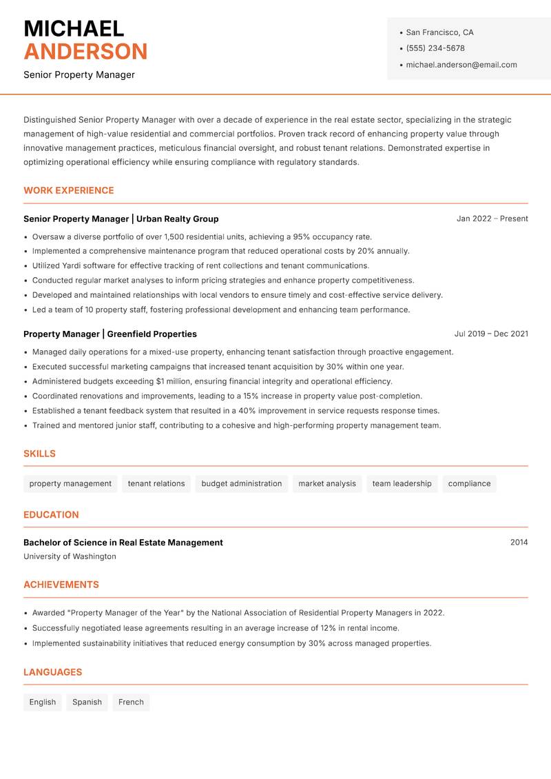 Senior Property Manager resume sample — Senior Property Manager focus
