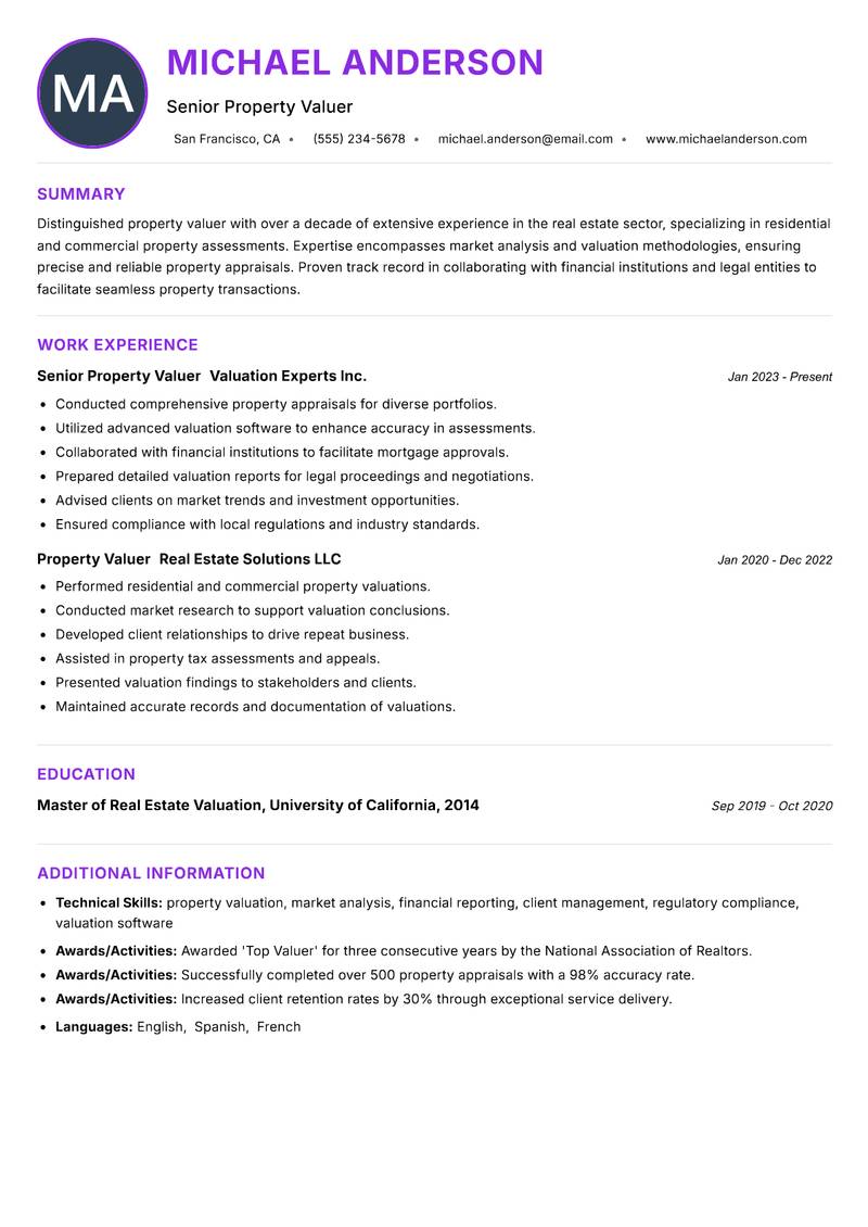 Senior Property Valuer resume example