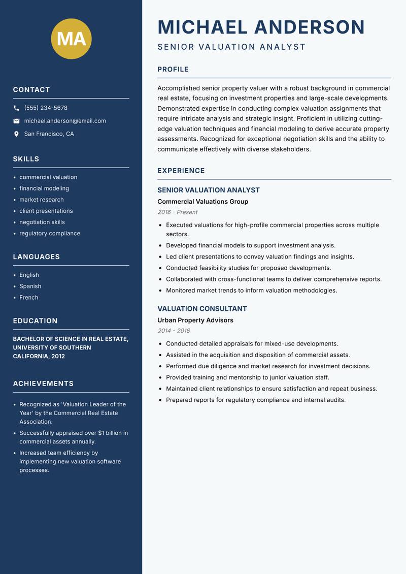 Senior Property Valuer resume sample — Senior Valuation Analyst focus