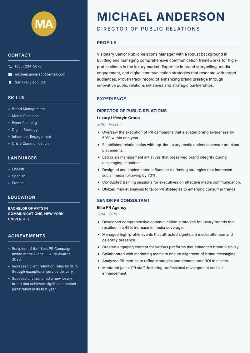 Senior Public Relations Manager resume sample — Director of Public Relations focus