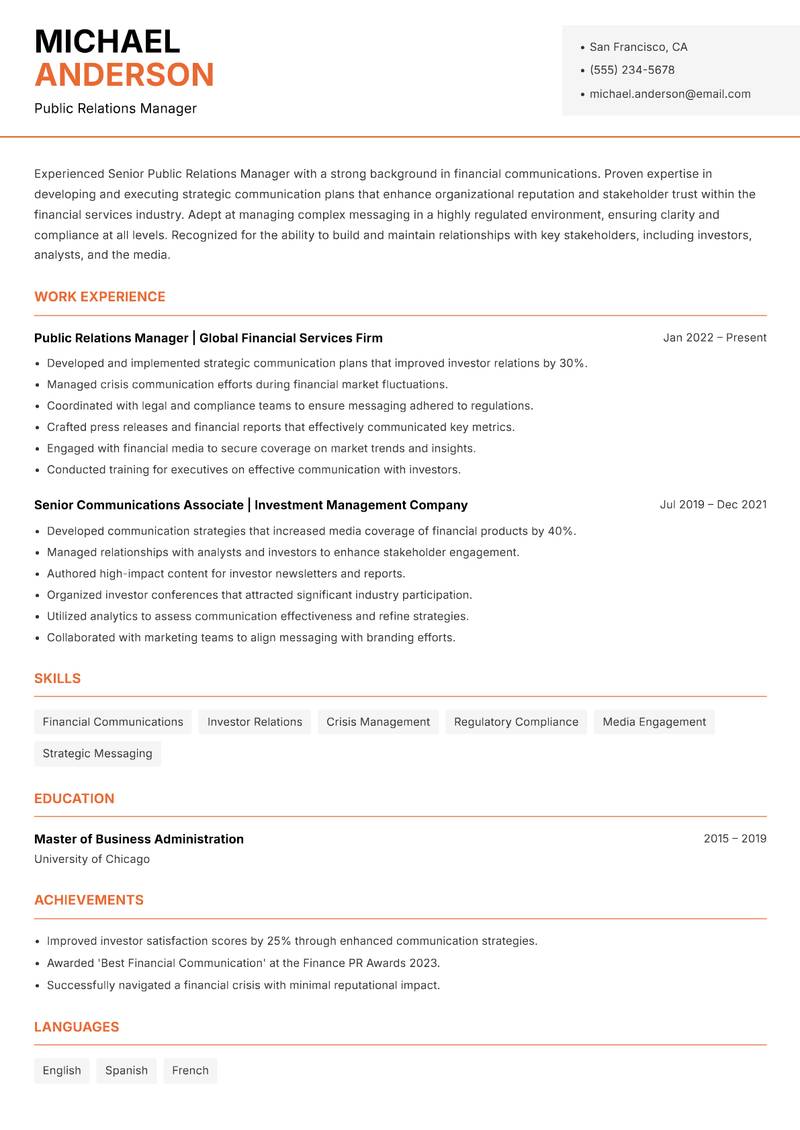 Senior Public Relations Manager resume sample — Public Relations Manager focus