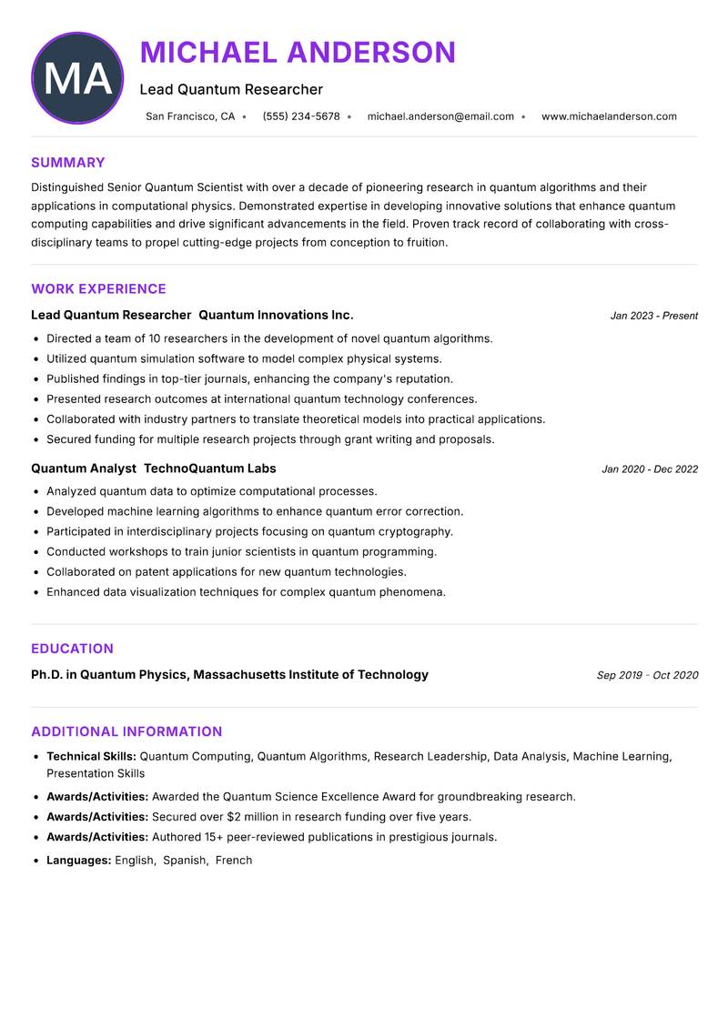Senior Quantum Scientist resume example