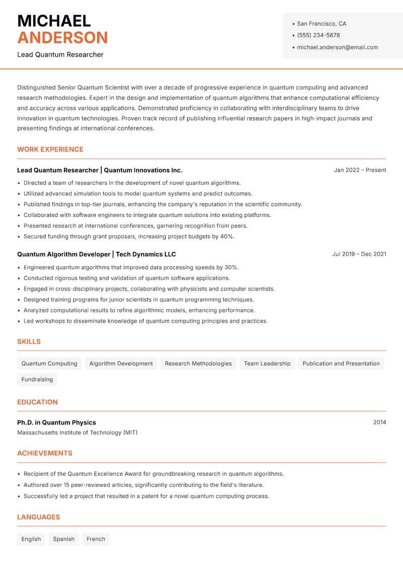 Senior Quantum Scientist resume sample — Lead Quantum Researcher focus