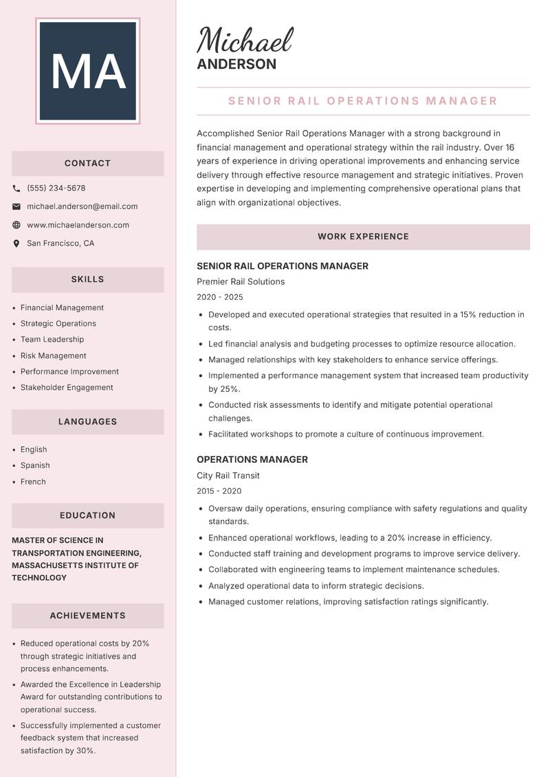 Senior Rail Operations Manager resume sample — Senior Rail Operations Manager focus