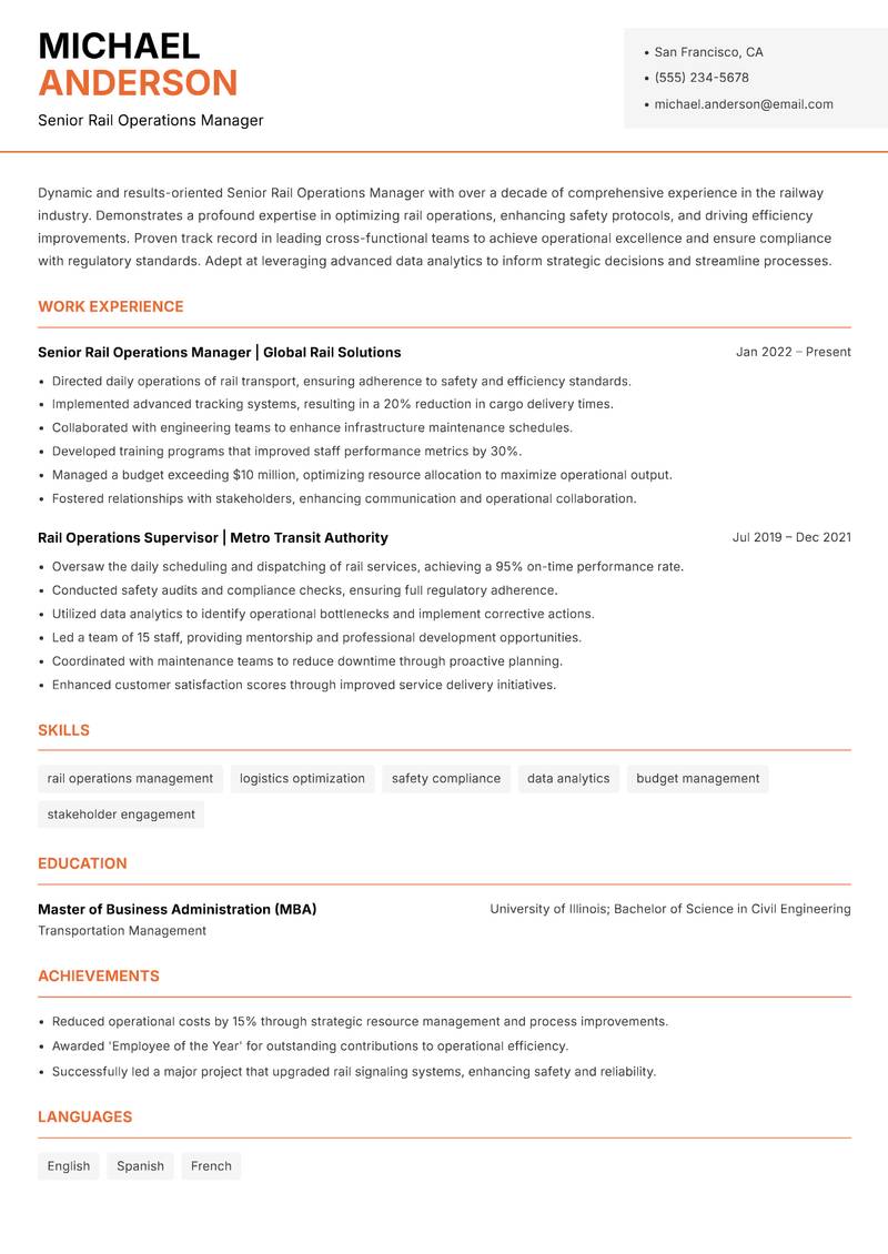 Senior Rail Operations Manager resume sample — Senior Rail Operations Manager focus